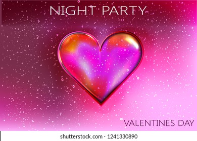 Night party brochure. Happy valentines day. 3d heart on abstract background. Purple and pink color. Postcard or internet banner. Be my valentine.
