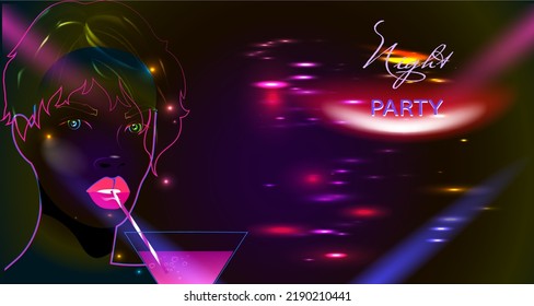 Nachtparty-Designvorlage mit Lichteffekten und weiblichem Gesicht
