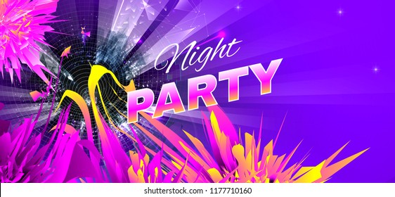 Night party event multicolored bright banner. Including funnel and abstract flowers . used clipping mask.