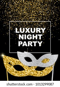 Night party flyer concept, vector illustration. Gold glitter confetti background, frame with text, beautiful silver and gold masks for carnival party. Graphic design elements for invitations.