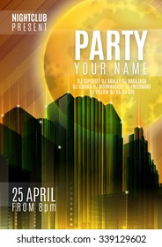 Night Party - Flyer or Cover Design. Background with full moon and night urban abstract illustration