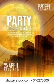 Night Party - Flyer or Cover Design. Background with full moon and night urban abstract vector illustration