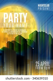 Night Party - Flyer or Cover Design. Background with full moon and night urban abstract vector illustration