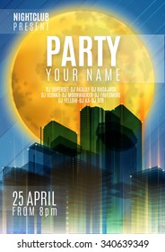 Night Party - Flyer or Cover Design. Background with full moon and night urban abstract vector illustration