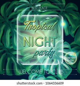 Night Party Flyer Jungle Tropical background with forest fern exotic palm leaves and glass banner. Ultraviolet invitation, club flyer, party brochure advertising design template