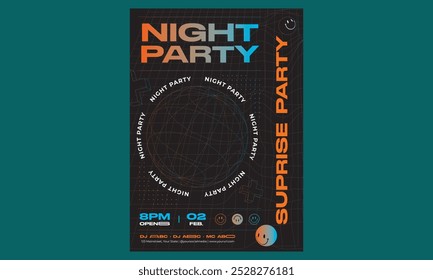 Night Party Flyer. Light electro vector for music event concert disco, club invitation, festival poster, flyer