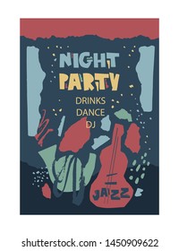 Night party flyer or poster design design template in paper cut style. Vector illustration