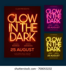 Night Party Flyer or Poster Design with Neon Text and Three Different Color Options.