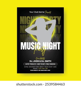 Night party flyer or poster print template, holidays, festivals, events invitation party flyer or poster, DJ music party flyer, electronic music, disco flyer poster and night club leaflet cover design