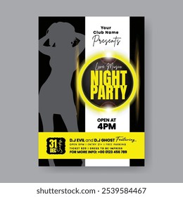 Night party flyer or poster print template, holidays, festivals, events invitation party flyer or poster, DJ music party flyer, electronic music, disco flyer poster and night club leaflet cover design