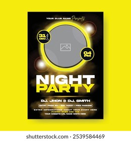 Night party flyer or poster print template, holidays, festivals, events invitation party flyer or poster, DJ music party flyer, electronic music, disco flyer poster and night club leaflet cover design