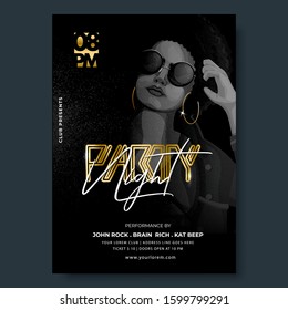 Night Party Flyer or Template Design with Modern Young Woman and Event Details on Black Texture Background.