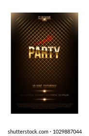 Night party flyer template. Golden words and spotligts on dark background.