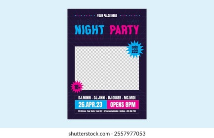 Night Party Flyer. Typography design. Vector illustrations. Poster, label, cover.