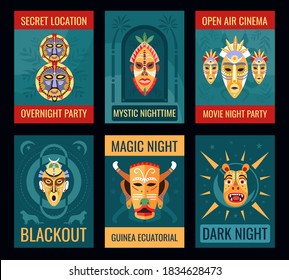 Night party flyers design set with tribal masks. Traditional Guinean decoration vector illustration with text samples. Template for announcement posters or invitation cards