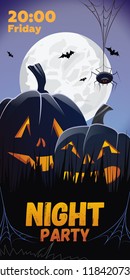 Night Party. Friday lettering. Pumpkins in grass, spider and bats in moonlight. Holiday event invitation. Halloween concept. Vector illustration can be used for posters, flyers, banners