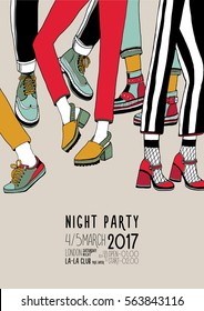 Night party hand  drawn colorful poster with dancing legs. Dance, event, festival vector Illustration placard.