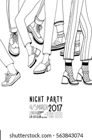 Night party hand drawn contour poster with dancing legs. Dance, event, festival vector Illustration placard.