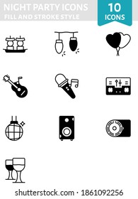Night Party Icon Set In Black And White Color.