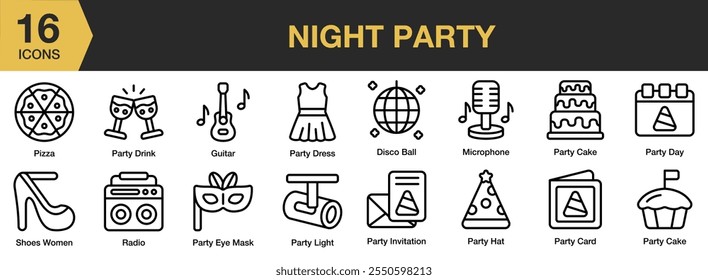 Night Party icon set. Includes pizza, guitar, drink, disco, light, radio, shoes, and More. Outline icons vector collection.
