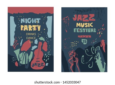 Night party, Jazz music festival invitation poster design set in paper cut style. Vector illustration for event, festival, party design