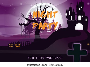 Night Party lettering with moon, castle and cross. Invitation or advertising design. Typed text, calligraphy. For leaflets, brochures, invitations, posters or banners.