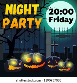 Night Party lettering with pumpkins and cemetery. Invitation or advertising design. Typed text, calligraphy. For leaflets, brochures, invitations, posters or banners.