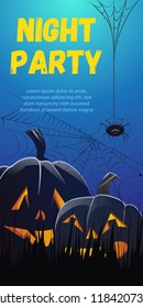 Night Party lettering. Pumpkins in grass and spider in cobweb on blue background. Holiday event invitation. Halloween concept. Vector illustration can be used for posters, flyers, banners