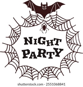 Night party logo. Spooky web and bat emblem