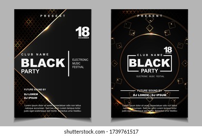 Night party music layout poster design template background with elegant black and light gold style. Luxury cover electro style vector for concert disco, club party, event flyer,  invitation nightclub