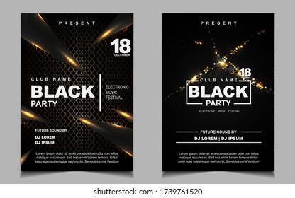 Night party music layout poster design template background with elegant black and light gold style. Luxury cover electro style vector for concert disco, club party, event flyer,  invitation nightclub