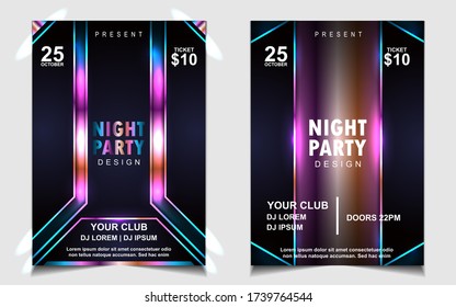 Dessin d'affichage de la musique de soirée de nuit avec fond de modèle élégant foncé et clair coloré. Vecteur électro de luxe pour discothèque de concert, club party, dépliant d'évènements, boîte de nuit d'invitation