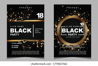 Night party music layout poster design template background with elegant black and light gold style. Luxury cover electro style vector for concert disco, club party, event flyer,  invitation nightclub