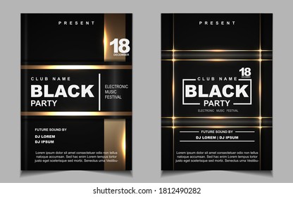 Night Party Music Layout Poster Design Template Background With Elegant Black And Light Gold Style. Luxury Cover Electro Style Vector For Concert Disco, Club Party, Event Flyer,  Invitation Nightclub