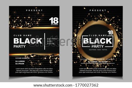 Night party music layout poster design template background with elegant black and light gold style. Luxury cover electro style vector for concert disco, club party, event flyer,  invitation nightclub