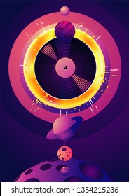 Night party music poster with space object and star. Retro futuristick illustration. Electronic dance festival banner with vinyl record.