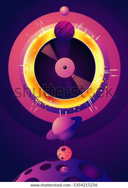 Night party music poster with space object and\
star. Retro futuristick illustration. Electronic dance festival\
banner with vinyl\
record.