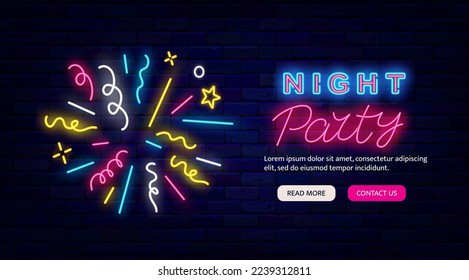 Night party neon flyer. Website landing page template. Glowing firework on brick wall. Luminous flyer. Disco dance club performance. Light advertising. Shiny banner. Vector stock illustration