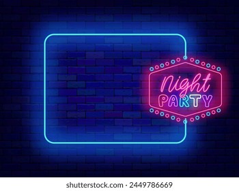 Night party neon invitation. Vintage design. Dance show. Greeting card. Empty blue frame and typography. Event banner. Glowing flyer. Editable stroke. Vector stock illustration