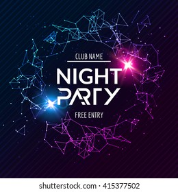 Night Party neon poster. Shiny banner club disco. Dj fun dance summer music invitation flyer