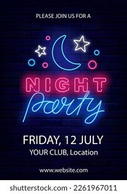Night party neon vertical poster. Glowing moon and stars on brick wall. Luminous flyer. Disco dance club performance. Light advertising. Vector stock illustration