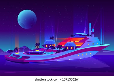 Night Party On Future Floating Hotel, Cruise Ship, Yacht Cartoon Vector Concept. Futuristic, Illuminated Passenger Vessel With Swimming Pool, Bungalows, Lounge Chairs On Deck Sailing Under Full Moon