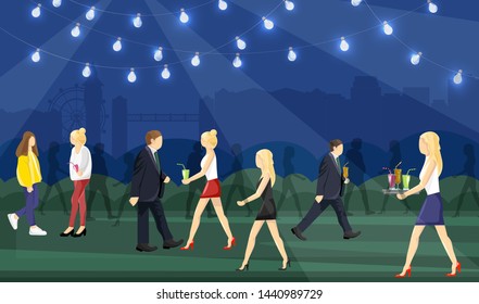 Night party people Vector flat style. Man and women having fun drinking cocktails