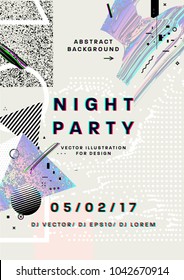 Night party poster. 80s disco style template placard. 3d anaglyph effect. Vector illustration