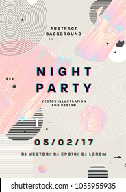 Night party poster. 80s disco style template placard. 3d anaglyph effect. Vector illustration