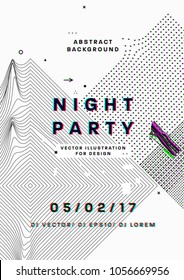 Night party poster. 80s disco style template placard. 3d anaglyph effect. Vector illustration