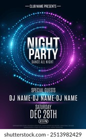 Night party poster design. Futuristic digital frame of glowing vibrating dots. Music vibrations with light effects. Dj and club name. Musical event. Vector illustration. EPS 10.