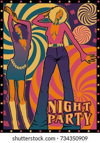 Night party poster design. Handmade drawing vector illustration. Vintage style. Pop art with psychedelic elements.