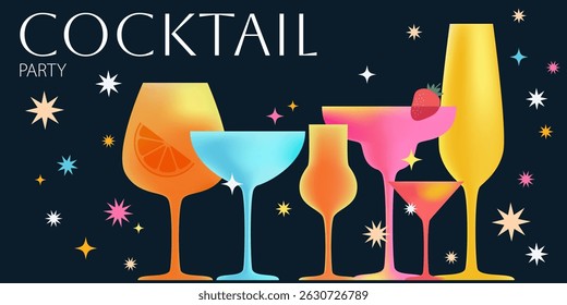 Night party poster design, menu, bar, champagne, cocktail, aperol, and stars on black background.