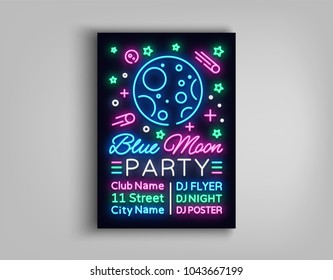 Night party poster design template in neon style. Blue moon night party neon sign, light banner, flyer bright nightlife advertisement, party invitation, nightclub, concert, disco. Vector illustration